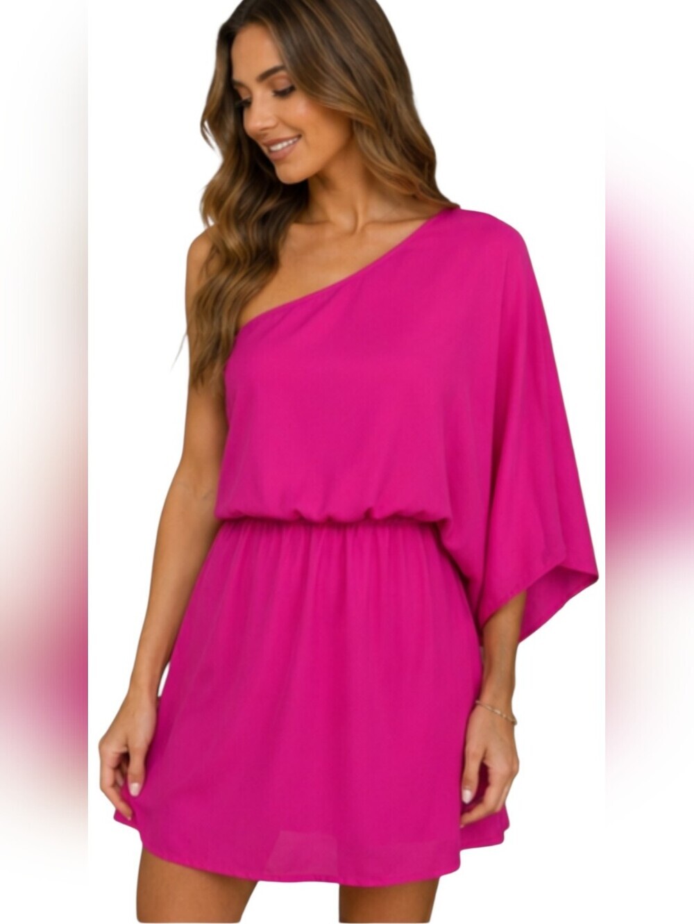 CARAMELA Inner Goddess One Shoulder Mini Dress In Fushia Pink. Size Small NWT